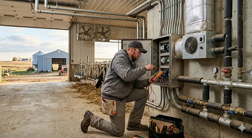 Technician servicing barn climate control and ventilation systems to maintain optimal temperatures for agricultural buildings.