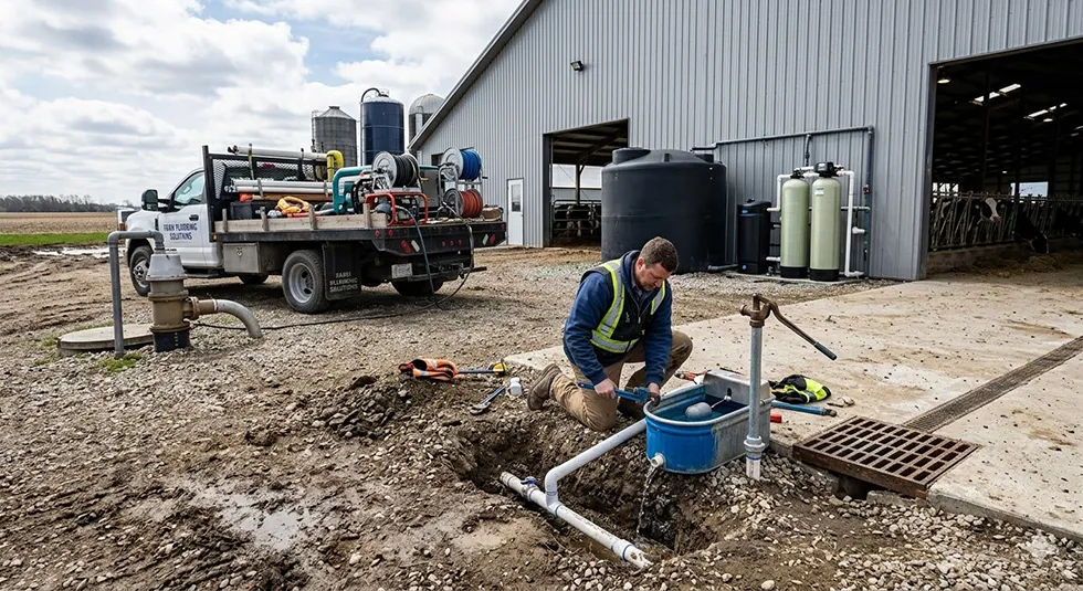 Installation of durable exterior plumbing and heavy-duty piping for large-scale agricultural operations and farm outbuildings.