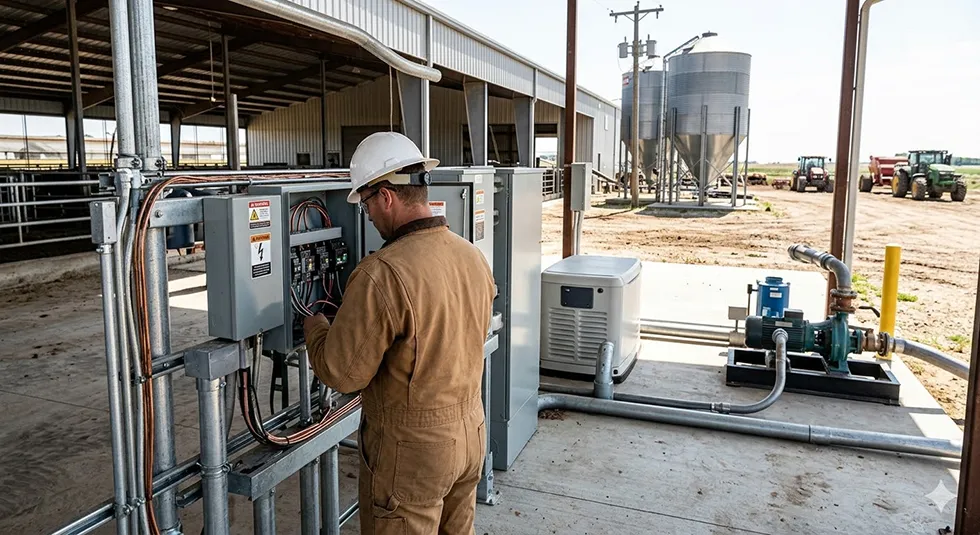 Inspection of mechanical control panels and rural utility systems near grain silos to maintain farm productivity.