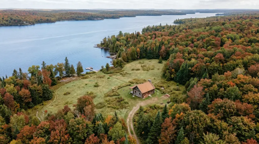Aerial view of a secluded log cabin in a grassy clearing next to a large lake, surrounded by dense forest with vibrant autumn foliage in shades of orange, red, and green.