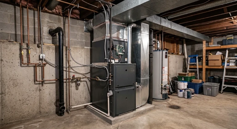A dark grey modern modulating furnace system installed in an unfinished basement next to metal ductwork, copper piping, and a water heater.
